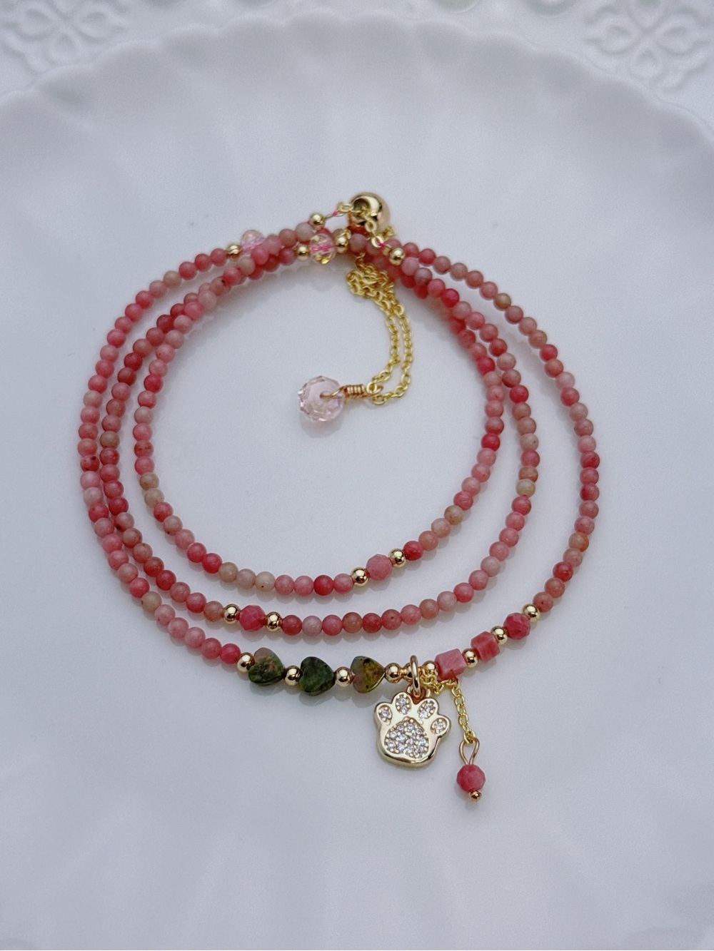 GB95 Handmade Pink Rhodonite Triple Layer Bracelet Necklace 2in1 20+5” - Picture 4 of 6